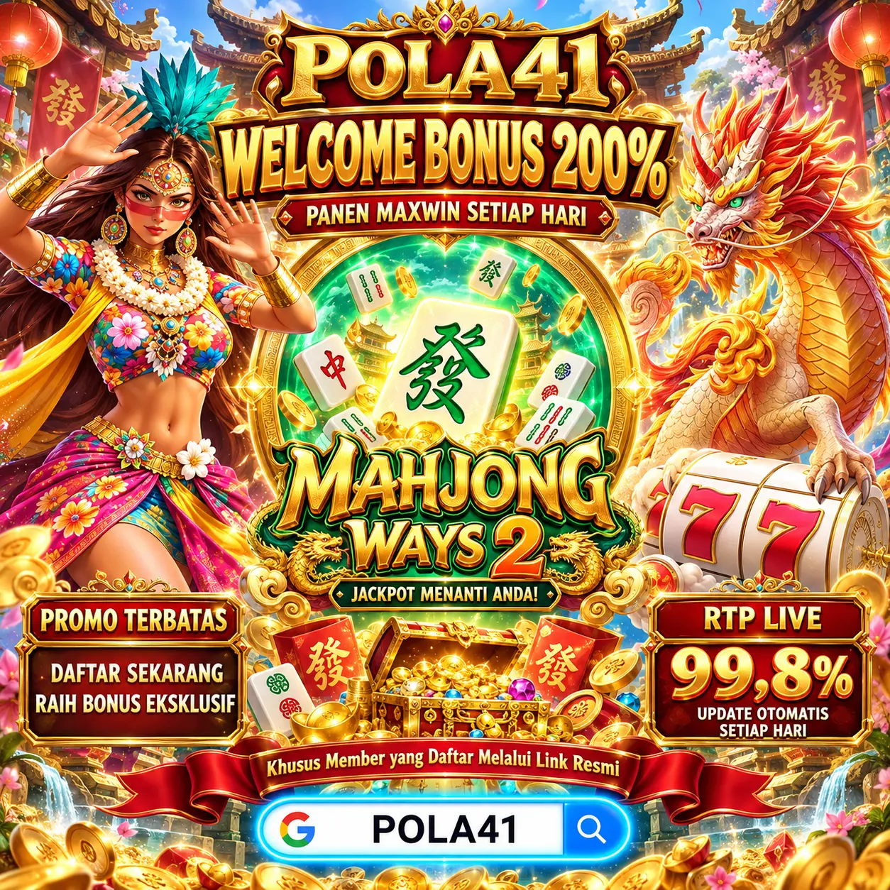 Banner POLA41 bertema hitam dan emas, dengan ilustrasi karakter platform game online.